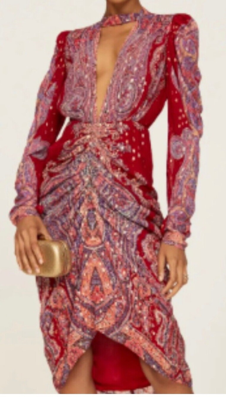 Rococo Sand Paisley Puff Sleeve High-Low Dress XS Red Metallic